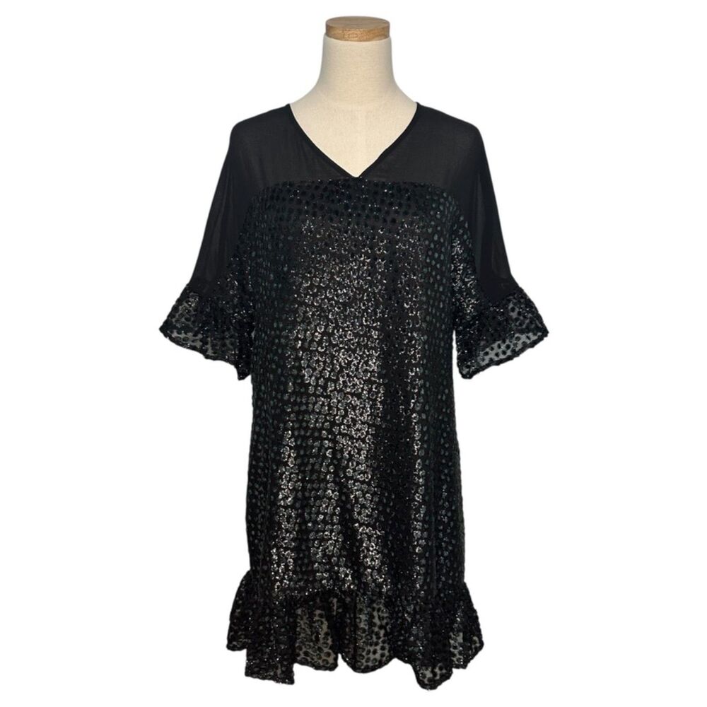 Anthropologie Amadi Lucinda Black Green Textured Metallic Dot Ruffle Mini Dress